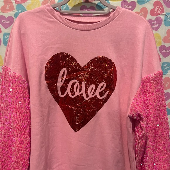 Pink valentines long sleeve, red love heart sparkle, pink sequin sleeves - Picture 2 of 8